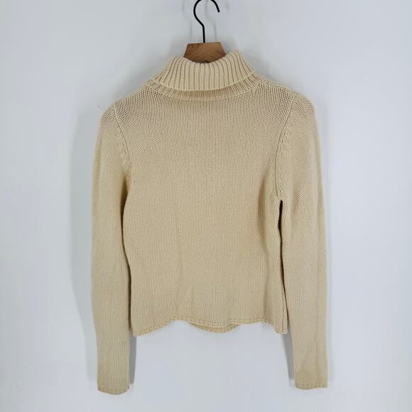 Cream Cable Knit Turtleneck Sweater Classic Chunky 100% Cashmere Knit Size Small - Picture 2 of 7